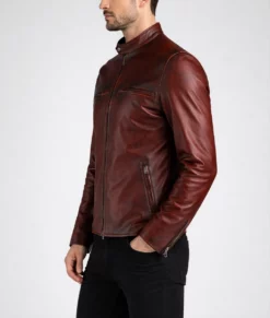 Basic Maroon Moto Cafe Racer Biker Leather Jacket | Men's Maroon Cafe Racer Biker Leather Jacket-4