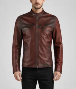 Basic Maroon Moto Cafe Racer Biker Leather Jacket | Men's Maroon Cafe Racer Biker Leather Jacket-1