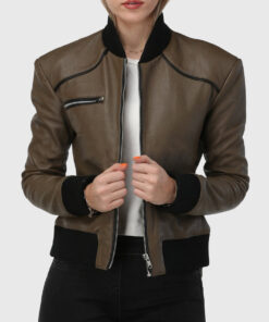 Betty Womens Brown Bomber Leather Jacket + Front Open View