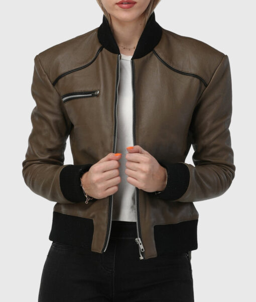 Betty Womens Brown Bomber Leather Jacket + Front Open View