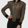 Betty Womens Brown Bomber Leather Jacket + Front View
