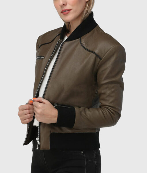 Betty Womens Brown Bomber Leather Jacket + Side View