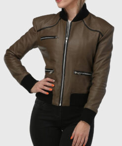 Betty Womens Brown Bomber Leather Jacket + Front View