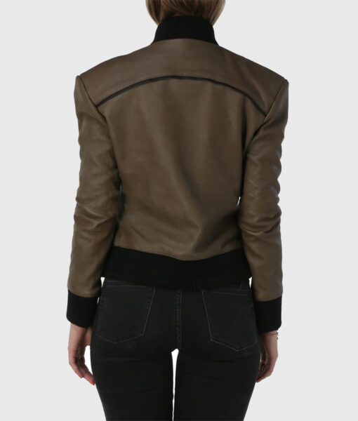 Betty Womens Brown Bomber Leather Jacket + Back View