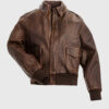 Bush Mens Brown Bomber Vintage Leather Jacket - Front View