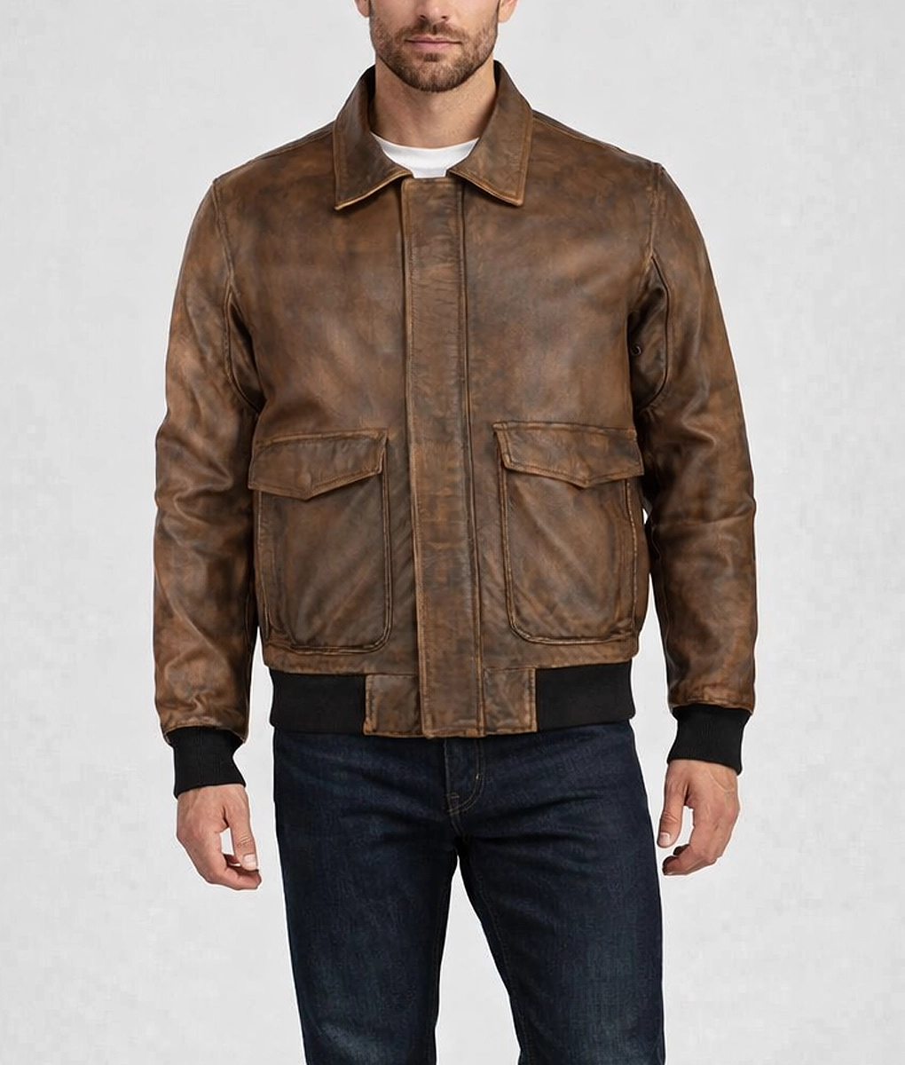 Bush Men's Distressed Brown A-2 Bomber Leather Jacket | NYC Jackets