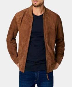 Butler Mens Brown Bomber Suede Jacket - Front View
