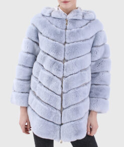 Calista Women's Blue Hooded Real Rex Rabbit Fur Jacket - Blue Hooded Real Rex Rabbit Fur Jacket For Women- Front Close view