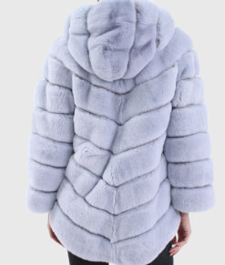 Calista Women's Blue Hooded Real Rex Rabbit Fur Jacket - Blue Hooded Real Rex Rabbit Fur Jacket For Women- Back View