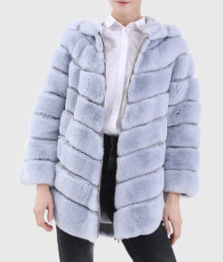 Calista Women's Blue Hooded Real Rex Rabbit Fur Jacket - Blue Hooded Real Rex Rabbit Fur Jacket For Women