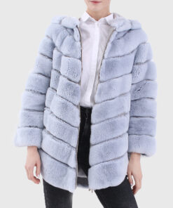 Calista Women's Blue Hooded Real Rex Rabbit Fur Jacket - Blue Hooded Real Rex Rabbit Fur Jacket For Women