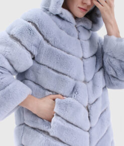 Calista Women's Blue Hooded Real Rex Rabbit Fur Jacket - Blue Hooded Real Rex Rabbit Fur Jacket For Women - Side View