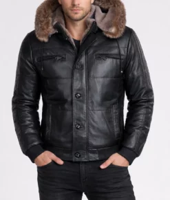 Carter Mens Black Bomber Fur Hooded Leather Jacket-Front