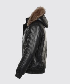 Carter Mens Black Bomber Fur Hooded Leather Jacket - Side View