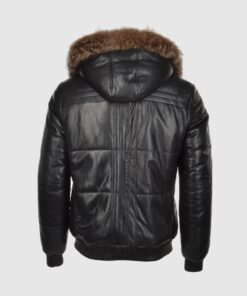 Carter Mens Black Bomber Fur Hooded Leather Jacket - Back View