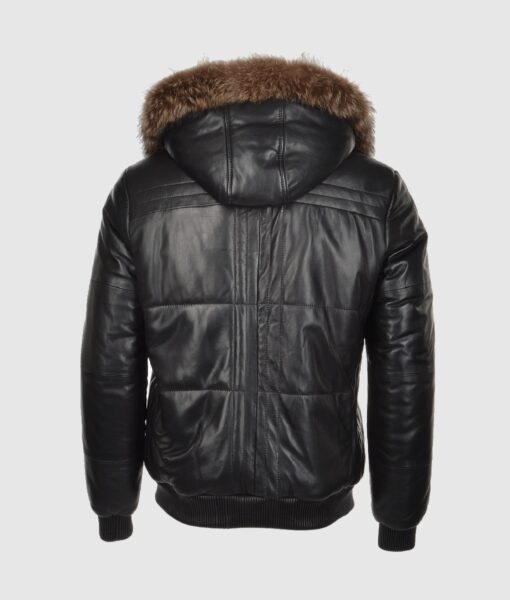 Carter Mens Black Bomber Fur Hooded Leather Jacket - Back View