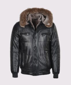 Carter Mens Black Bomber Fur Hooded Leather Jacket - Front View
