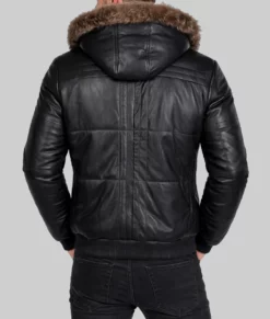 Carter Mens Black Bomber Fur Hooded Leather Jacket-Back
