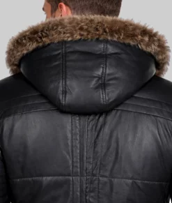 Carter Mens Black Bomber Fur Hooded Leather Jacket-Back Zoom