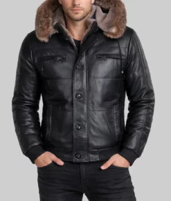 Carter Mens Black Bomber Fur Hooded Leather Jacket-Front
