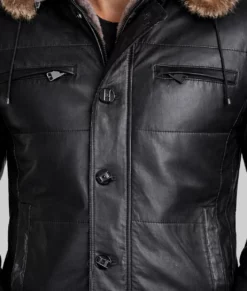 Carter Mens Black Bomber Fur Hooded Leather Jacket-Front Zoom