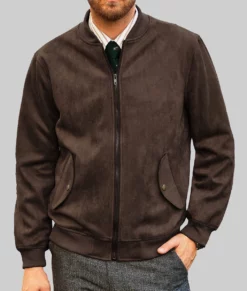 Carter Mens Dark Brown Bomber Suede Leather Jacket-Front