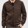 Carter Mens Dark Brown Bomber Suede Leather Jacket - Front View