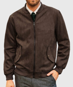 Carter Mens Dark Brown Bomber Suede Leather Jacket - Front View