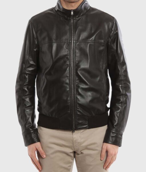 Charles Mens Black Bomber Leather Jacket - Front View 1
