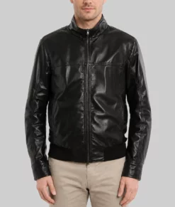 Charles Mens Black Bomber Leather Jacket-Front