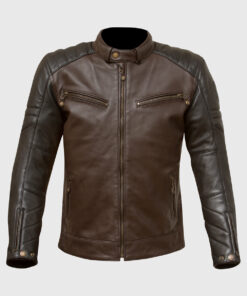 Chase Brown Moto Cafe Racer Biker Leather Jacket - Front View