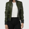 Cheryl Womens Green Bomber Leather Jacket - Front View