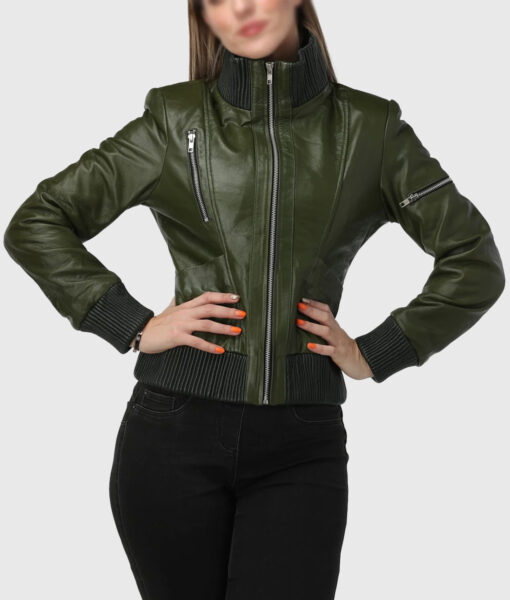 Cheryl Womens Green Bomber Leather Jacket - Close View