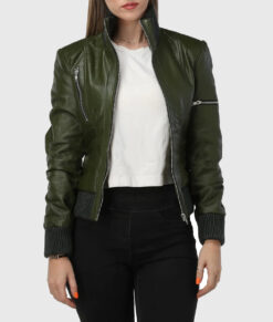 Cheryl Womens Green Bomber Leather Jacket - Front View
