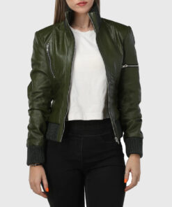 Cheryl Womens Green Bomber Leather Jacket - Front View