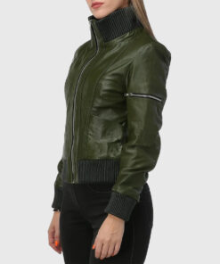 Cheryl Womens Green Bomber Leather Jacket - Left Side View