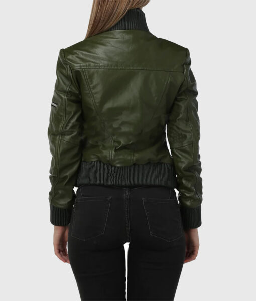 Cheryl Womens Green Bomber Leather Jacket - Back View