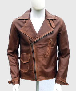 Classic Brown Double Rider Biker Leather Jacket - Front View