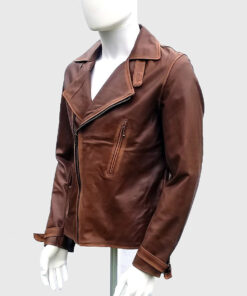 Classic Brown Double Rider Biker Leather Jacket - Left Side View