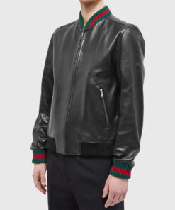 Contrast Black and Green Leather Bomber Jacket - Side View