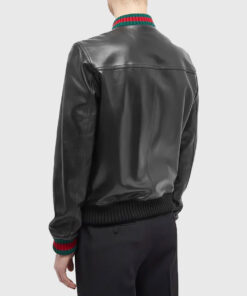 Contrast Black and Green Leather Bomber Jacket - Back View