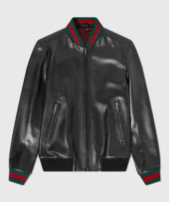 Contrast Black and Green Leather Bomber Jacket - Front View