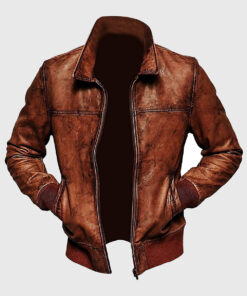 Craig Mens Brown Bomber Distressed Leather Jacket - Front View
