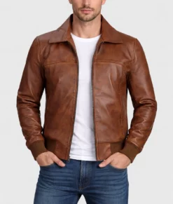 Craig Mens Brown Distressed Bomber Leather Jacket-Front