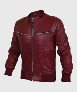 Curren Mens Maroon Bomber Leather Jacket - Left Side View