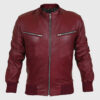 Curren Mens Maroon Bomber Leather Jacket - Front View