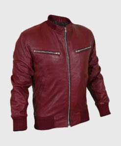 Curren Mens Maroon Bomber Leather Jacket - Right Side View