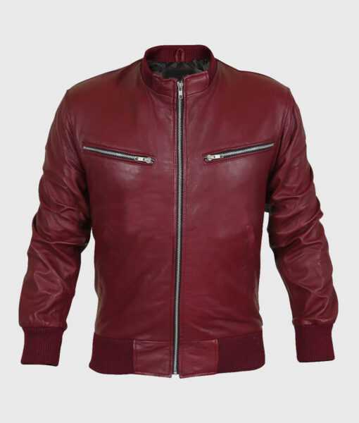 Curren Mens Maroon Bomber Leather Jacket - Front View
