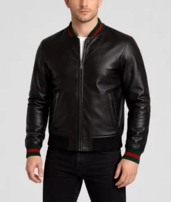 Current Men's Black Leather Bomber Jacket-Front
