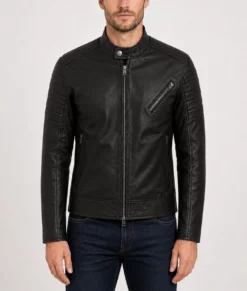 Dane Black Moto Cafe Racer Biker Leather Jacket-Front